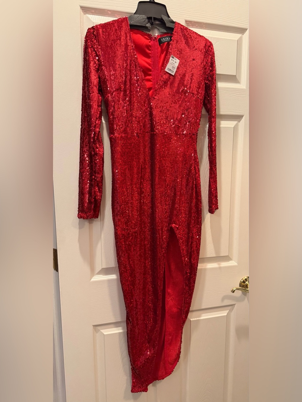 Akira Red Sequin Long Sleeve V-Neck Dress